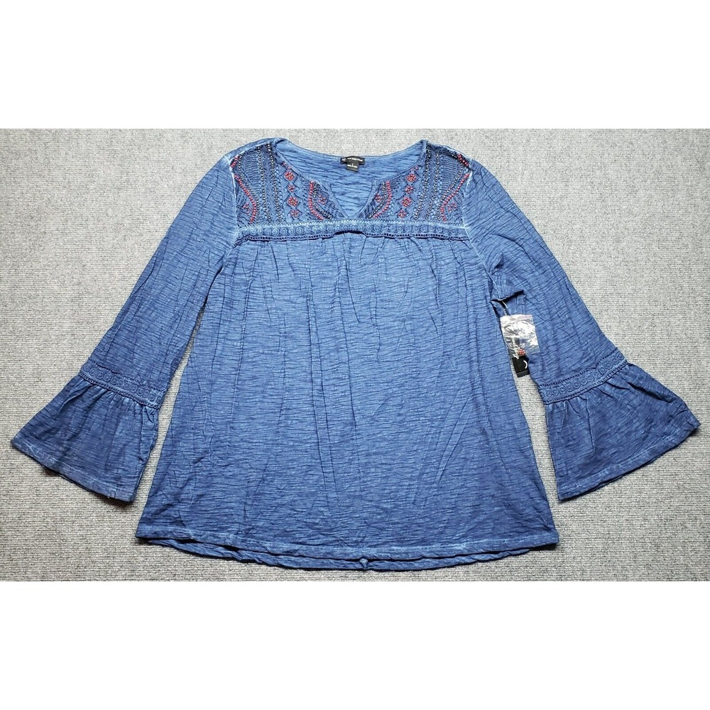 New Directions Blouse Womens L Nitecap Blue Split Neck Lace Bell Sleeve New